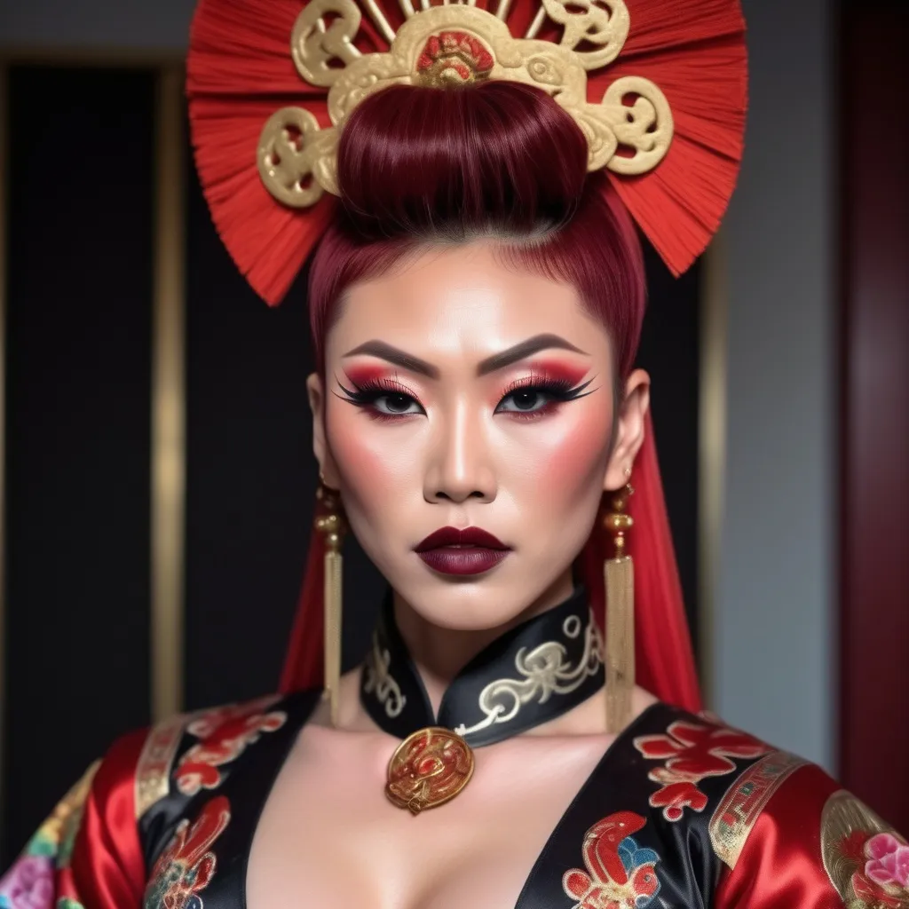 Prompt: gorgeous muscular 25-year-old Chinese drag queen (strong drag queen facial features, dark red hair, dark lipstick) wearing traditional clothing staring longingly at me
