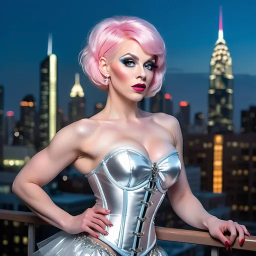 Prompt: Delicate gorgeous 25 years old buxom drag queen bodybuilder overlooking city from balcony, short stylish pink hair, photorealism, silver corset and skirt, ice blue eyes, pale skin, heart-shaped face, metropolitan nightscape, skyscrapers, highly detailed, 8k photo, photorealistic, delicate beauty, intricate details, city lights, atmospheric lighting