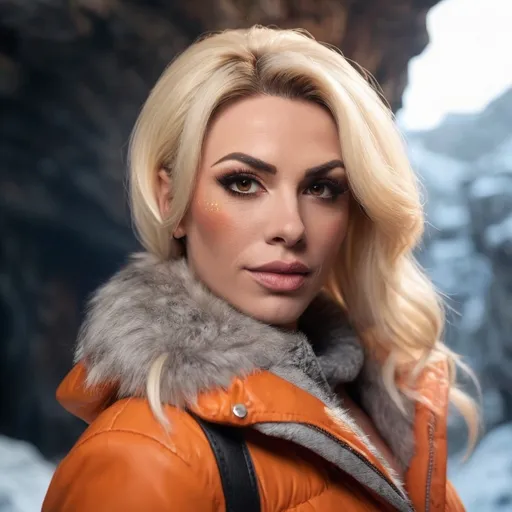 Prompt: professional portrait photograph of a gorgeous muscular 35-year-old British drag queen (strong masculine jawline and brow features) in orange winter clothing, long natural blonde hair, most attractive face, (freckles), nice smile, cute stylish makeup, wearing elegant warm winter fashion clothing, ((standing out side a frozen cave), hyper- realistic, detailed features, realistic lighting, high quality, realistic view,, elegant, realistic setting, professional, detailed, glamorous, actress, iconic, stunning modern urban environment, ultra realistic, concept art, elegant, highly detailed, intricate, sharp focus, depth of field, f/1. 8, 85mm, medium shot, mid shot, (((professionally color graded))), bright soft diffused light, (volumetric fog), trending on instagram, hdr 4k, 8k