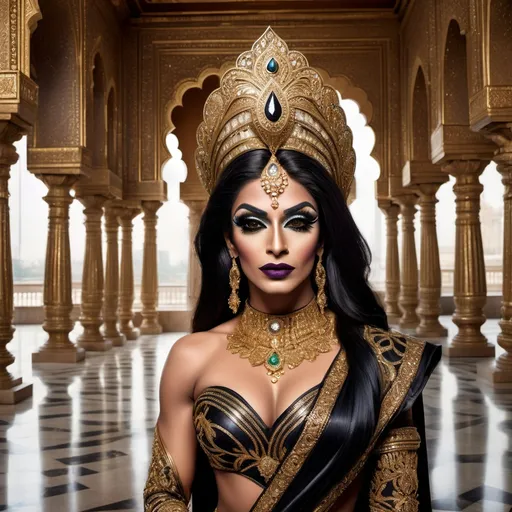 Prompt: A futuristic rendition of Indian royalty, where a gorgeous muscular 35-year-old Pakistani drag queen bodybuilder (dark eyeshadow,  dark lipstick,  heavy mascara) is dressed in a dazzling outfit featuring traditional Indian elements like rich silk, gold embroidery, and intricate jewelry, but with a high-tech twist. The palace is a blend of old and new, with ancient marble columns adorned with glowing circuit patterns, and holographic elephants walking through the palace courtyard. The scene is bathed in soft, ethereal light, creating a majestic atmosphere