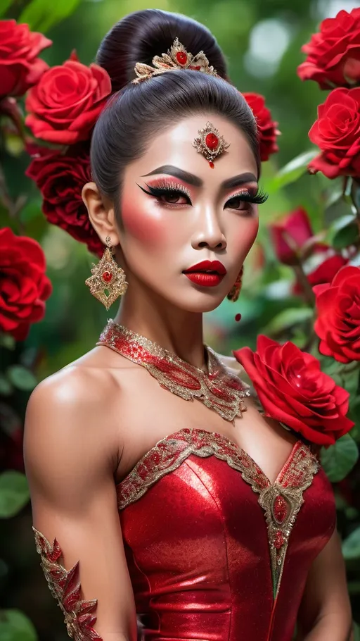 Prompt: Gorgeous ultra-muscular 25-year-old Thai drag queen princess bodybuilder in traditional red attire, heavy mascara and eyeshadow,  dark red lipstick, (surrounded by vibrant red roses), ethereal beauty and grace, flinging birds in the air celebrating love, warm and romantic atmosphere, lush green background accentuating the vivid reds, intricate detailing on clothing, (ultra-detailed, 4K), soft diffused sunlight illuminating the scene, enchanting and joyful ambiance.