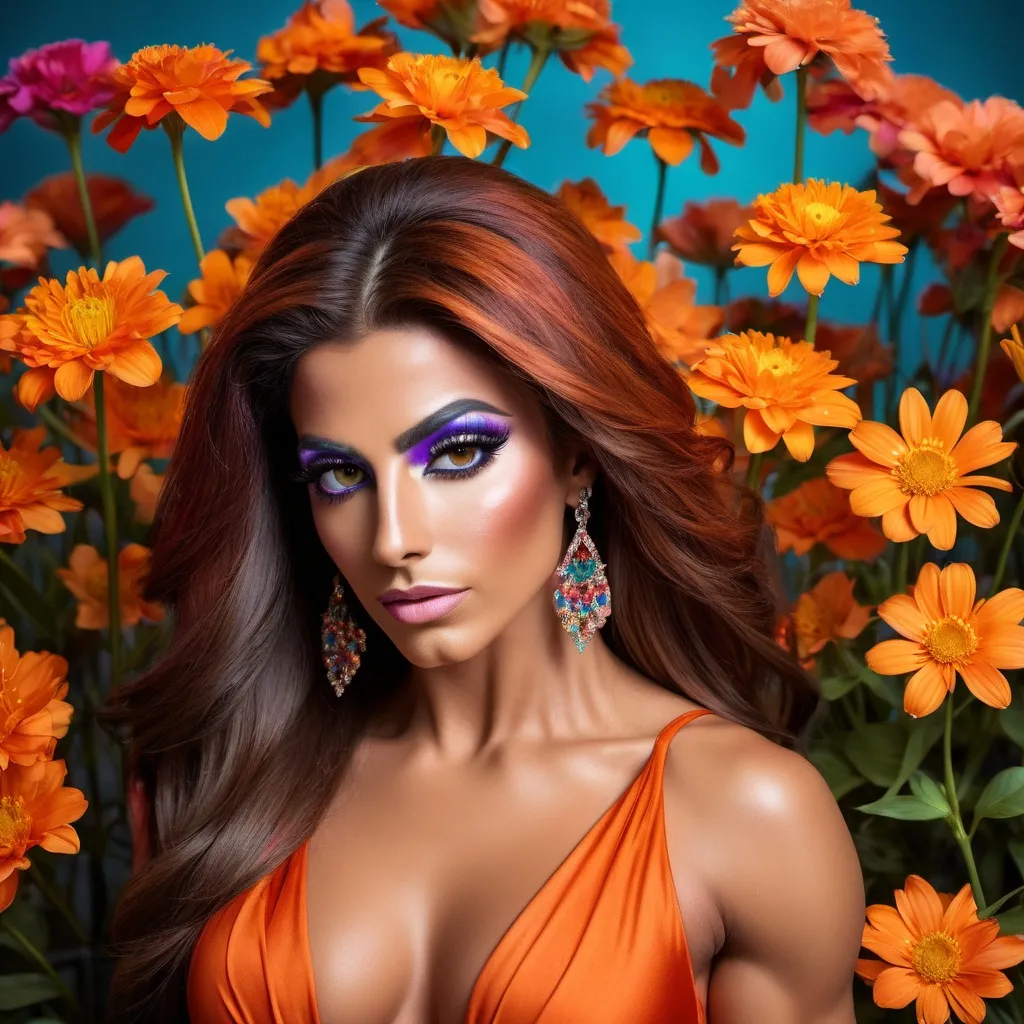 Prompt: 19.Imagine a gorgeous muscular 25-year-old Arabic drag queen bodybuilder with long dark orange, dressed in a flowing, jewel-toned dress, standing amidst a sea of colorful wildflowers. Use studio lighting to capture the full range of colors in her eyes and hair, and create a sense of balance and harmony in the composition.