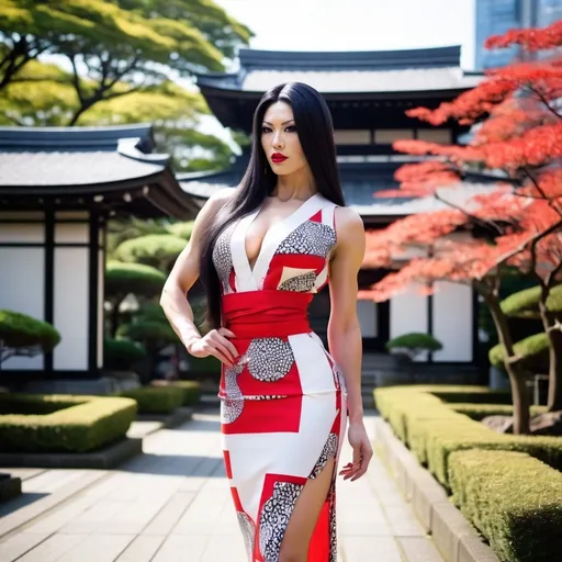 Prompt: Gorgeous elegant, tall, ultra-muscular,  25 years old, Japanese drag queen bodybuilder, ridiculously long black hair, hazel eyes, short sleeveless red & white geometric print kimono dress, 8 inch stiletto high heel shoes, huge busom, curvy, posing on the gardens of Tokyo, high fashion, elegant, professional, glamorous, Japanese style, sleek design, detailed features, 8K photo, vibrant colors, luxury lighting