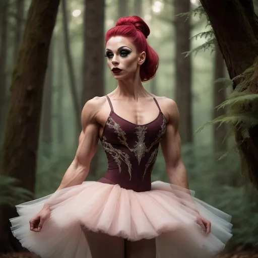 Prompt: (focused character gorgeous ultra-muscular 25-year-old Swedish drag queen bodybuilder), (elegant ballet pose), soft warm lighting, flowing pastel-colored tutu, enchanted forest background, delicate expression, intricate details in attire, dark eyeshadow,  dark red lipstick, immersive atmosphere, ethereal vibe, graceful movements, dreamy ambiance, intricate ballet shoes, glowing soft light filtering through trees, beautiful HD quality, atmospheric cinematic mastery