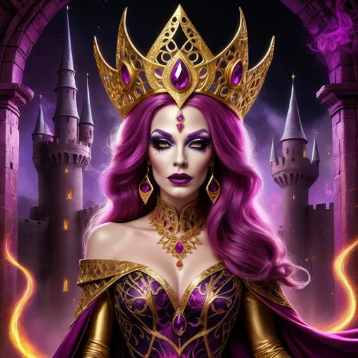 Prompt: Fantasy illustration of a powerful British drag queen sorceress, vibrant gold and magenta color palette, ancient castles in the background, dark eye makeup, darl lipstick,  flowing silk garments with intricate Wiccan patterns, majestic headdress adorned with gemstones, mystical glowing staff, high quality, detailed fantasy, British, mystical, powerful sorceress, gold and magenta, ancient castles, flowing garments, Wiccan patterns, majestic headdress, glowing staff, fantasy illustration, vibrant colors, mystical atmosphere