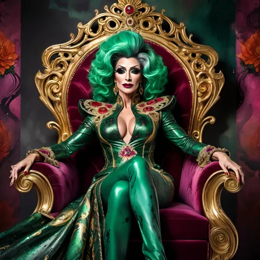 Prompt: a gorgeous muscular 45-year-old Turkish drag queen, salt & pepper hair, detailed ornate emerald and ruby cloth robe, dark eye makeup and dark lipstick, dramatic lighting, digital watercolor painting, paint splatter, bold brush strokes, art nouveau, majestic queen sitting on her throne (made of gold) in an elegant (colorfull flower dress), ornate very big throne with  diamonds and flowers adorned with delicate mycstical (colorfull) and glimmering (diamonds), mythical  looming behind, captivating atmosphere, dramatic lighting, ethereal ambiance, richly detailed backgrounds, (HD, ultra-detailed) fairy-tale setting, tension filled with reverence and power.