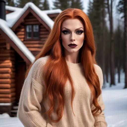 Prompt: Extremely beautiful, muscular 25-year-old Russian drag queen, detailed extremely long ginger hair, flawless skin, dark eye makeup, dark lipstick, detailed eyes, natural beauty, strong masculine jawline, form-fitting seasonal sweater, cozy modern log cabin interior background, winter season, realistic professional photography, high quality, detailed, realistic, cozy, ginger, long hair, flawless skin, candid moment, modern log cabin, seasonal sweater, detailed eyes, natural beauty, professional photography, winter season, cozy lighting