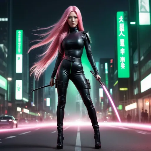 Prompt: hyperrealistic ((full body length)) image of a Gorgeous 35-year-old ninja goddess, ridiculously long pink straight shiny hair (((blowing in the wind))), green eyes, wearing a tight form-fitting black catsuit and 8 inch high heel boots, ready to engage posture in an illuminated city center at midnight, armed with a katana, wearing a tactical utility belt. Science fiction cyberpunk scenario. highres, 8k, masterpiece, detailed face, detailed hair, detailed eyes, detailed body, perfect anatomy. Composition focus on full-body and legs. 