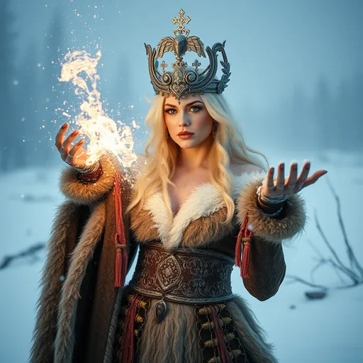 Prompt: High-resolution, cinematic-style photograph featuring a gorgeous Nordic drag queen Ice goddess, standing in the frozen wilderness conjuring up a snow storm.