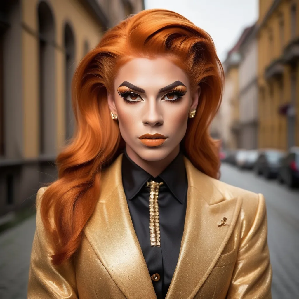 Prompt: "A gorgeous muscular 18-year-old Austrian drag queen with striking orange hair and brown eyes that shimmer with a golden hue. She has a sharp, regal face (strong masculine jaw and brow) and an air of authority. Known as the 'Golden Dutchess,' she is tall and muscular, exuding confidence and refinement. Dressed in a tailored noble coat with intricate detailing, she stands in a grand hall, her demeanor poised yet guarded, hinting at a troubled past beneath her polished exterior."