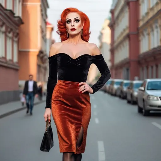 Prompt: Gorgeous, fair-skinned, muscular 35-year-old Russian drag queen, with extremely strong masculine jawline and brow, big, shoulder length sassy orange gair, big busom, dark eyeshadow,  heavy mascara,  and dark red lipstick, wearing a very posh black crashed velvet knee-length pencil skirt,  seamed nylon stockings, white off the shoulder crushed velvet camisole top, and 8 inch stiletto heels. Walking the streets of Moscow at sunlight.