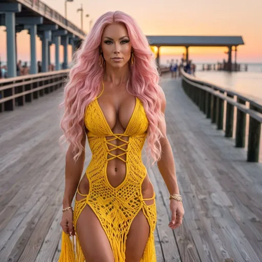 Prompt: Gorgeous ultra-muscular 25-year-old Finnish goddess bodybuilder with huge busom and ridiculously long wavy pink hair wearing a beautiful yellow macrame dress and 8 inch stiletto high heel shoes walking on the boardwalk at dusk.
