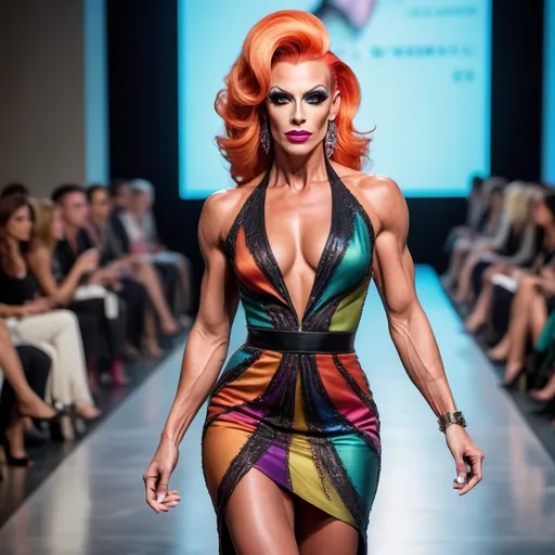 Prompt: Beautiful muscular 35-year-old European drag queen fashion model, intricate face (strong masculine jawline and brow), colorful hair, walking the runway, sophisticated cocktail dress, long shapely legs, black shoes, 8k photo, fashion show, high quality, elegant, detailed eyes, sophisticated, runway walk, colorful hair, professional attire, fashionable, high definition, vibrant atmosphere