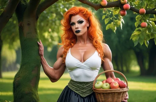 Prompt: 4k image, A serene image featuring a gorgeous ultra-muscular 25-year-old medeival drag queen bodybuilder with orange hair standing by a tree in a medeival attire, consisting of a white blouse, green shawl, and black skirt, holding a wicker basket with apples inside, set against lush greenery with a soft, dreamy quality.  we see a medeival village in the background and sunrise in the far back, Michelangelo's style, Digital Image