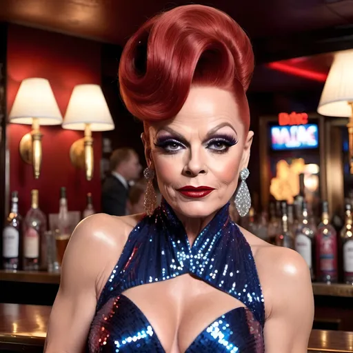 Prompt: What if Don Rickles was transformed into a gorgeous muscular 45-year-old drag queen with long red updo hair, dark eyeshadow and dark lipstick,  wearing a gorgeous Bob Mackie sequined gown. Posing in a dirty local bar.