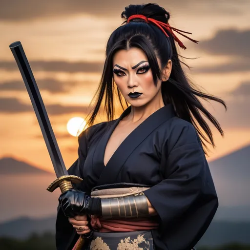 Prompt: A gorgeous muscular 35-year-old Japanese drag queen Samurai (dark eye makeup, dark lipstick, big busom, and dark black hair) wearing a traditional ancient Samurai Yorkie and holding a katana in each hand in a battle stance. 13th century Japan at sunset.