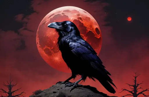 Prompt: A raven sitting atop a human skull lit by a blood moon