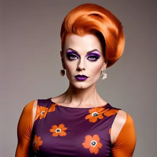 Prompt: Mod casual top, 1966, fashionable for gorgeous muscular 25-year-old German drag queen bodybuilder, sassy, iconic, modest, timeless, boho chic, floral, bright, aubergine, orange, dark eye makeup,  dark lipstick 