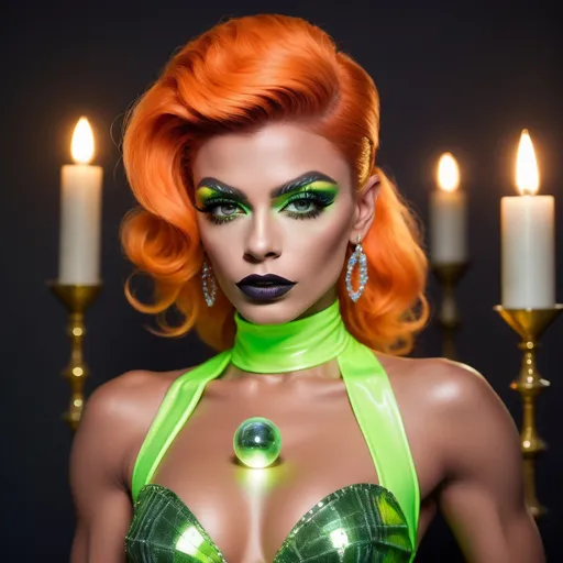 Prompt: a gorgeous muscular 25-year-old French drag queen (with masculine facial features) with dark eyeshadow,  dark lipstick, and orange updo hair, wearing a neon green Coco Chanel dress holding crystal ball filled with lightning, Ayshia Taşkın, private press, hourglass slim figure, a pastel