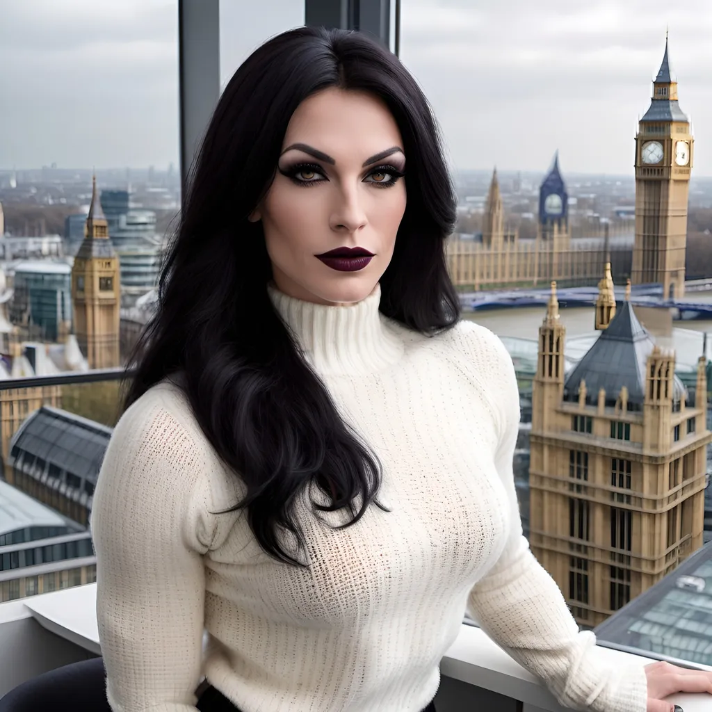 Prompt: Gorgeous muscular 35-year-old French crossdresser with strong masculine jawline,  very long black hair, dark eyeshadow, and dark lipstick, in the CAD office wearing a white chenille knitted sweater, next to the window with London city and Big Ben view