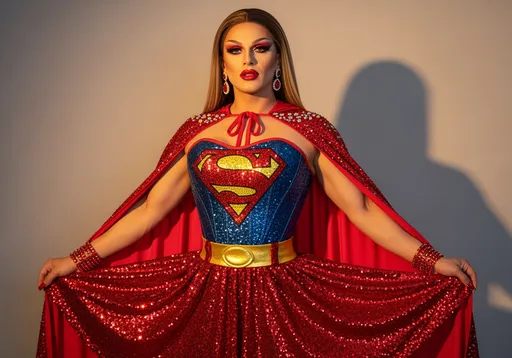Prompt: Draped in a glimmering red ensemble that fuses superhero flair with a touch of glamour, a muscular 35-year-old Italian drag queen (with smokey eyeshadow, dark red lipstick, dark red manicured fingernails, and long dirty blonde hair) exudes confident charisma. Her outfit features a bedazzled corset adorned with the classic superman "S" logo, lending an iconic charm to the playful, sequined skirt that flares out. Accentuating her look is a striking red cape embellished with jewels, enhancing her bold appearance. The soft, warm lighting casts gentle shadows, highlighting her pristine makeup, including dramatic red lips and elegant earrings, against a smooth neutral backdrop. The overall atmosphere radiates a powerful yet whimsical energy, merging the essence of heroism with a sophisticated aesthetic..