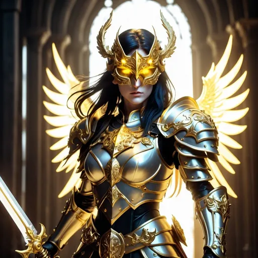 Prompt: DnD style Aasimar with golden mask, sword, and shield, glowing golden eyes, intricate gold details, high quality, fantasy, detailed armor, radiant lighting, heroic pose, divine aura, female, Full Mask