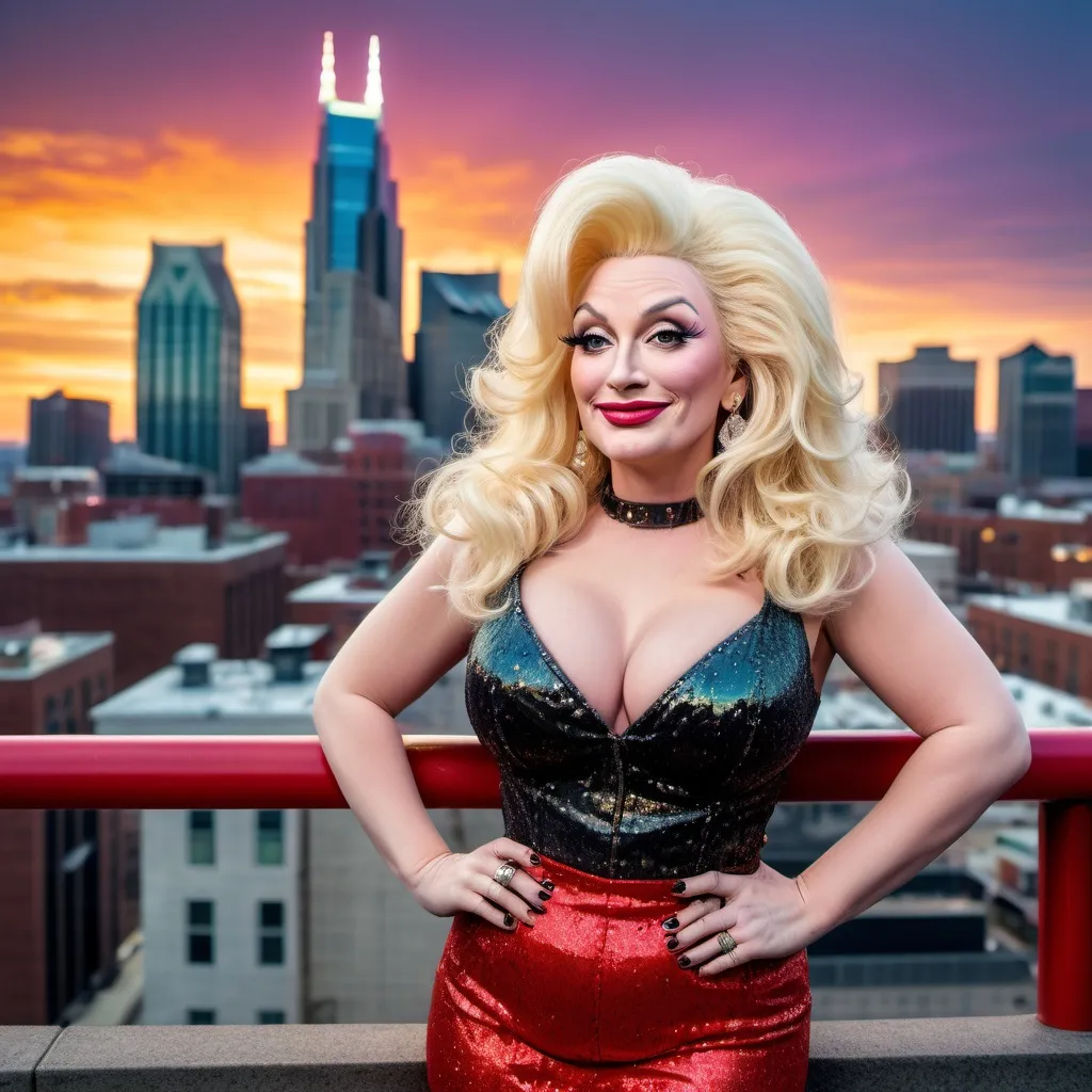 Prompt: Peter Griffin dressed as a 25-year-old gorgeous drag queen Dolly Parton posing on the ledge of a building, high above Nashville.