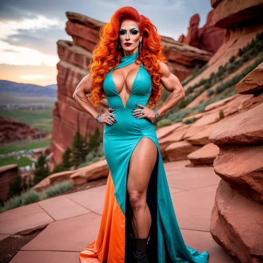 Prompt: A gorgeous muscular 35-year-old Turkish drag queen bodybuilder with large busom, dark eye makeup, dark lipstick, a long curly bright orange hair, wearing an asymmetrical teal gown, and 8 inch platform stiletto high heel knee-high boots,  Colorado Red Rocks at sundown in the background. 