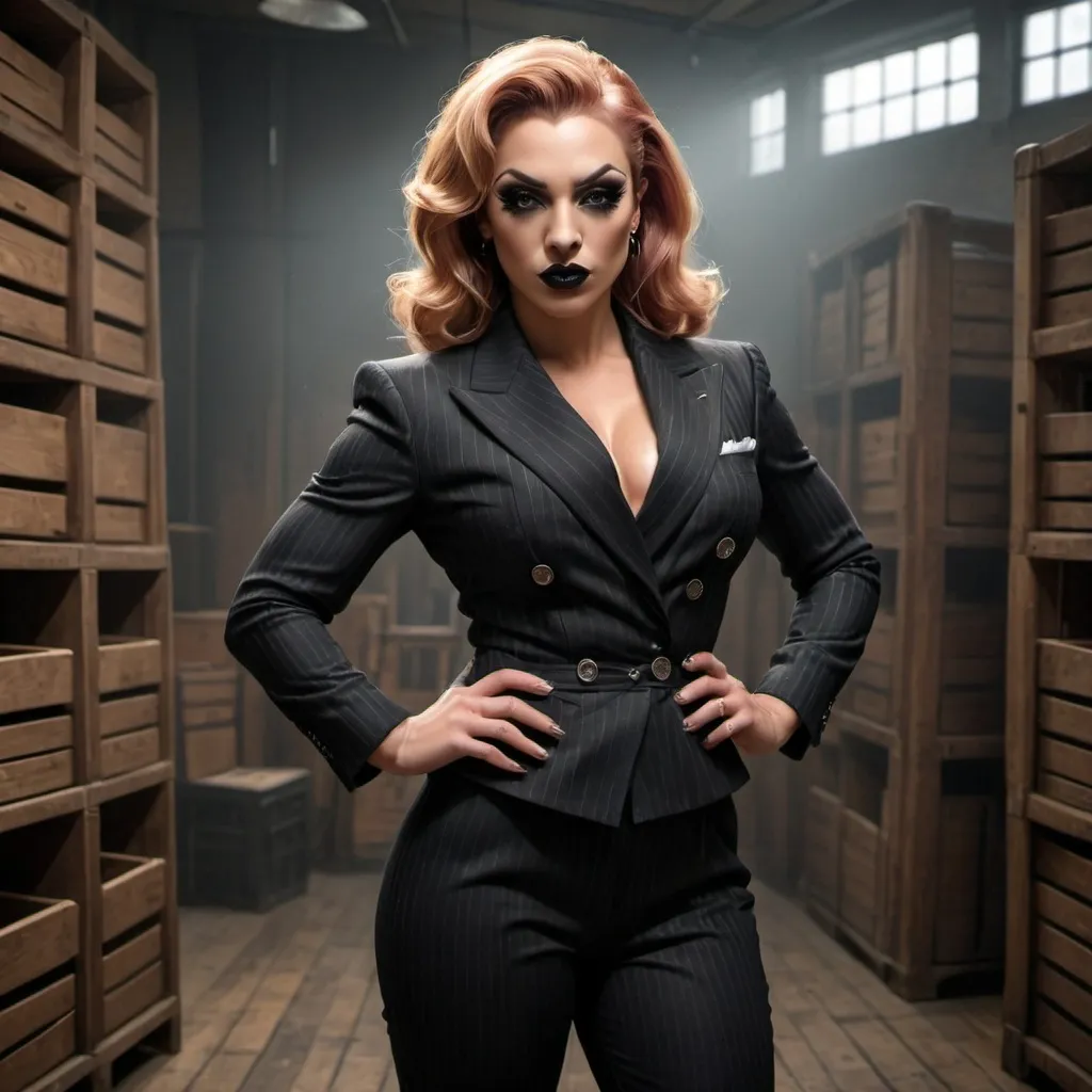 Prompt: (photorealistic) gorgeous muscular 25-year-old British drag queen bodybuilder (with large busom, dark eyeshadow, and dark lipstick) as a private eye in 1945, (intense expression), wearing a black double-breasted pinstripe trouser suit, tied to a chair with white ropes, (dimly lit) storeroom filled with wooden crates, shadows creating an atmosphere of suspense, intricate details, high contrast, (4K clarity), dramatic and cinematic ambiance.