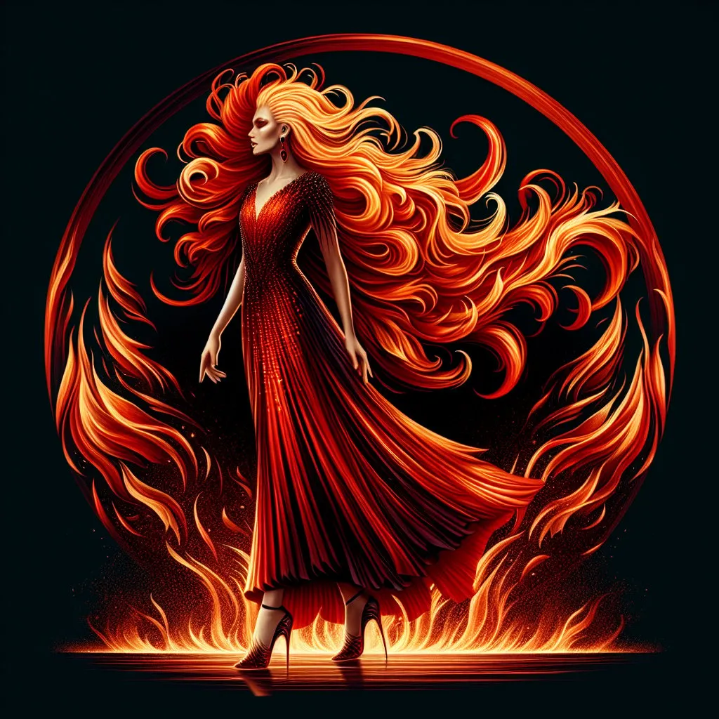 Prompt: Gorgeous ultra-muscular 25-year-old Finnish goddess bodybuilder with huge busom and with ridiculously long flaming fiery hair, {{ultra definition, concept art, cinematic, epic 4K masterpiece}
a goddess of fire, fiery hair, fieryb eyes, surrounded by fire, tall and evil,
{clothes] red fiery dress, mythology, full body, 8 inch stiletto high heel shoes, highly detailed, digital photography, artstation, concept art, smooth, sharp focus, illustration, 4k,