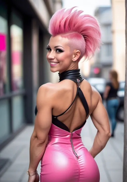 Prompt: Gorgeous ultra-muscular 25-year-old Czechian goddess bodybuilder, smiling, high-street background, tight mini dress, thigh high boots, pink short mohawk hair, choker necklace, view from behind, looking over shoulder, 8 inch stiletto high heel shoes, realistic, natural lighting