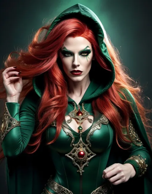 Prompt: a bright red haired, muscular, caucasian drag queen rogue, in a dark green hooded clothes with ornaments, dynamic full body pose, dark eye makeup,  dark lipstick, A surreal, dreamlike scene .This stunning image captures the essence of a powerful character, rendered in intricate detail and  the meticulous depiction of flowing hair, intricate armor, and determined expression. An old castle in backgraund