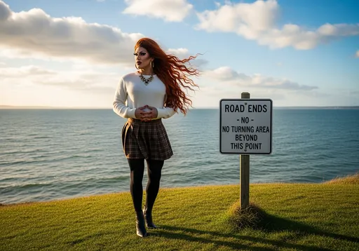 Prompt: Standing on a grassy knoll beside the sea, a muscular 35-year-old Japanese drag queen (with dark eyeshadow, dark red lipstick, dark red manicured fingernails and very long wavy burnt orange hair (blowing in the breeze)) gazes into the distance, framed by a calm coastal backdrop where the water meets the horizon under a partly cloudy sky. She wears a cozy white sweater and a brown plaid skirt, paired with black tights and 7 inch stiletto ankle boots, giving her a stylish yet relaxed appearance. Beside her, a sturdy sign clearly states, "ROAD ENDS - NO TURNING AREA BEYOND THIS POINT," emphasizing the remote and somewhat desolate nature of the location. The soft light of golden hour casts a gentle glow over the scene, reflecting off the water and creating a serene atmosphere that contrasts with the warning of the sign, hinting at a blend of beauty and caution in this quiet coastal retreat.. 