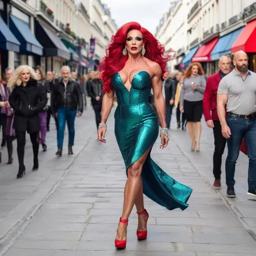 Prompt: Tall gorgeous muscular 35-year-old French drag queen bodybuilder (dark eyeshadow, 
dark lipstick, big busom, long fliwing red hair) walking down the high street, detailed colorful clothing, 8 inch stiletto high heel shoes, realistic, natural lighting,