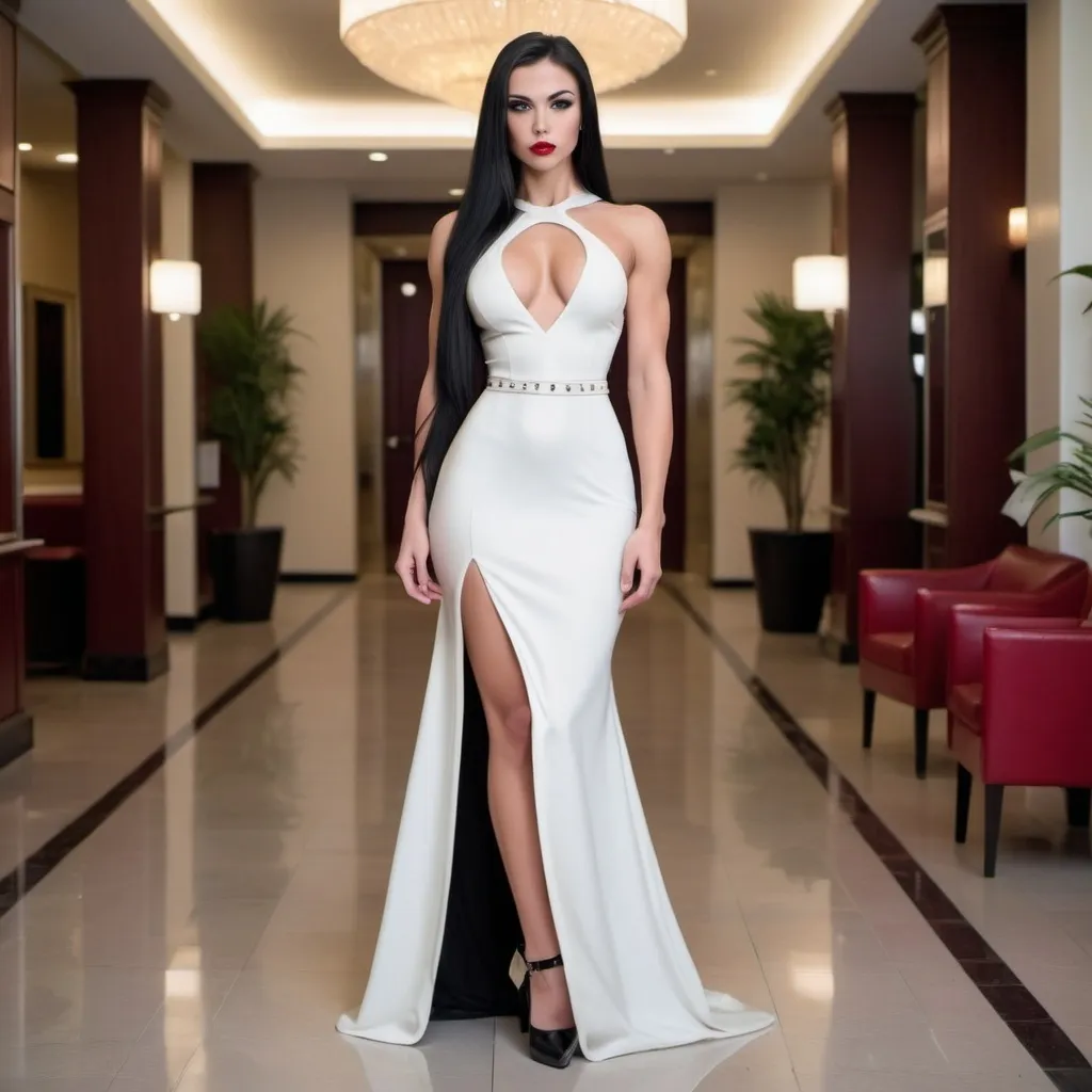 Prompt: Gorgeous 25-year-old Czechian goddess bodybuilder with ridiculously long straight shiny black hair, dark eye shadow,  crimson lipstic, wearing a very detailed white Valentino Dress, and 8 inch high heel shoes, posing in a hotel lobby. Composition focus on Valentino Dress