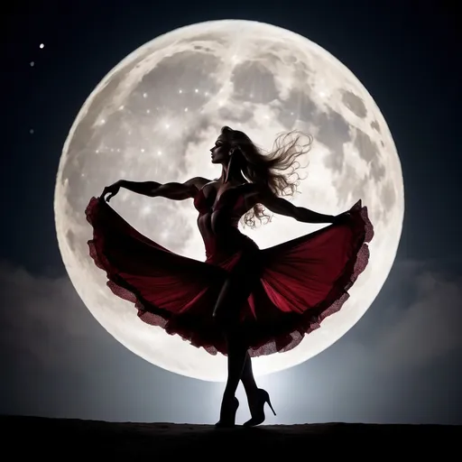 Prompt: Gorgeous muscular 25-year-old Hungarian drag queen bodybuilder (with long wavy hair, flamenco dress and 8 inch stiletto high heel shoes) dancing flamenco in silhouette through a giant full moon.