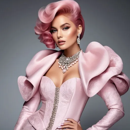 Prompt: A mesmerizing portrait graces the cover of an elite fashion magazine, capturing the essence of high-end sophistication. Set against a white back drop, the gorgeous pink haired huge busom model exudes confidence and allure, adorned in exquisite fashion garments that epitomize elegance and class. This breathtaking image transcends traditional notions of style, embodying an innovative vision of haute couture that pushes the boundaries of modern aesthetics.