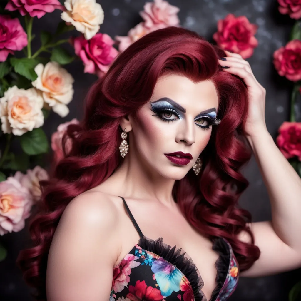 Prompt:  Glamour photography of a handsome man DRESSED UP AS a gorgeous 25-year-old DRAG QUEEN (with long wavy dark red hair, beautiful makeup and dark lipstick) in a casual floral dress and 8 inch stiletto high heel shoes with a big busom busom, bokeh