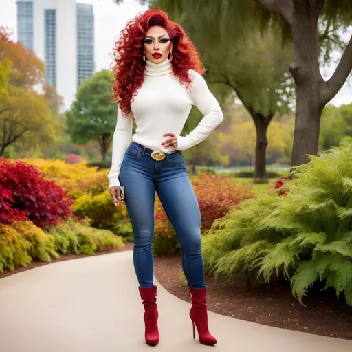 Prompt: (Gorgeous ultra-ultra-muscular 25-year-old  Latina drag queen), (dark red shoulder-length curly hair), (heavy gold jewelry), wearing a white turtle neck sweater, blue jeans, and stylish 8 inch stiletto high heel boots, fullbody , standing with a confident pose, vibrant open park background with lush greenery and serene surroundings, dramatic natural lighting, showcasing bold facial features with heavy mascara and dark red lipstick, ultra-detailed, vibrant colors, capturing a youthful and energetic ambiance.