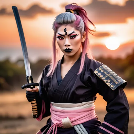 Prompt: A gorgeous muscular 21-year-old Japanese drag queen Samurai (dark eye makeup, dark lipstick, big busom, and platinum pink hair) wearing a traditional ancient Samurai yoroi and holding a katana in one hand, standing in a battle stance. 13th century Japan at sunset.