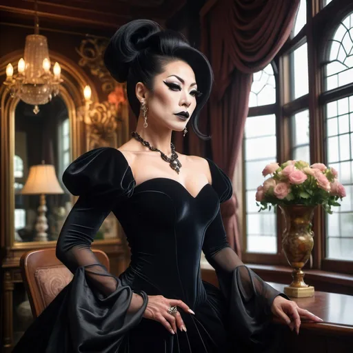 Prompt: A noble and beautiful 35-year-old Japanese drag queen bodybuilder with an elegant hairstyle and make-up wearing a princess black velvet dress with covered shoulders with a long train a square neckline and dramatically long flared sleeves . A delicate necklace adorns her neck . She stands near a Victorian window in a somptuos Victorian interior  near a table with a vase with lillies  and a Victorian armchair . Diffuse light , Melancholic and dark atmosphere