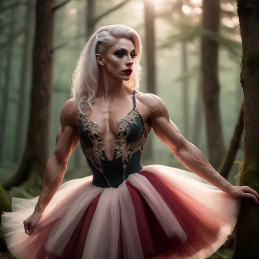 Prompt: (focused character gorgeous ultra-muscular 25-year-old Swedish drag queen bodybuilder), (elegant ballet pose), soft warm lighting, flowing pastel-colored tutu, enchanted forest background, delicate expression, intricate details in attire, dark eyeshadow,  dark red lipstick, immersive atmosphere, ethereal vibe, graceful movements, dreamy ambiance, intricate ballet shoes, glowing soft light filtering through trees, beautiful HD quality, atmospheric cinematic mastery