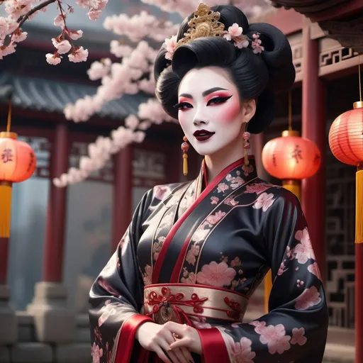 Prompt: (Chinese drag queen), elegant pose, delicate features, dark eyeshadow, dark lipstick, softly smiling expression, flowing traditional dress with intricate patterns, lush silk fabric, warm glowing light, serene atmosphere, cultural background elements such as cherry blossoms and ancient architecture, ultra-detailed, high quality, 4K resolution.