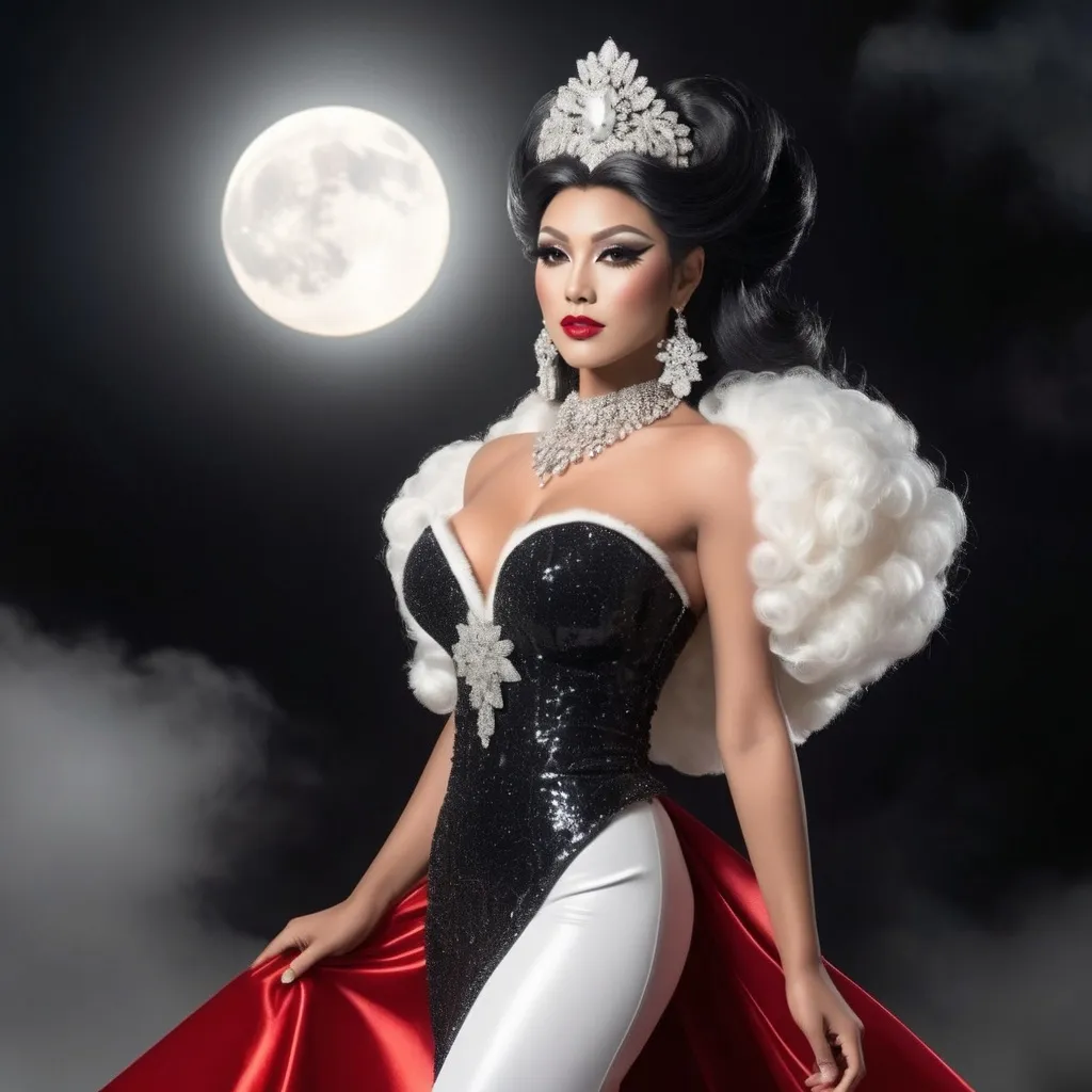 Prompt: Ultrarealistic full-body shot of a beautiful muscular Japanese drag queen, captured off-center, with visible legs and feet. She is adorned in celestial, otherworldly dark attire complemented by shades of red and cream. Her outfit is further enhanced with exquisite white and golden accessories, dominated by luxurious white sparkling diamonds. Natural moonlight bathes her features, adding a subtle depth, and a blurred, smoky black-and-white cloudy background with an oversized moon isolates her radiant form. This luxurious and luminous composition ensures her full-body figure stands out, from head to toe.