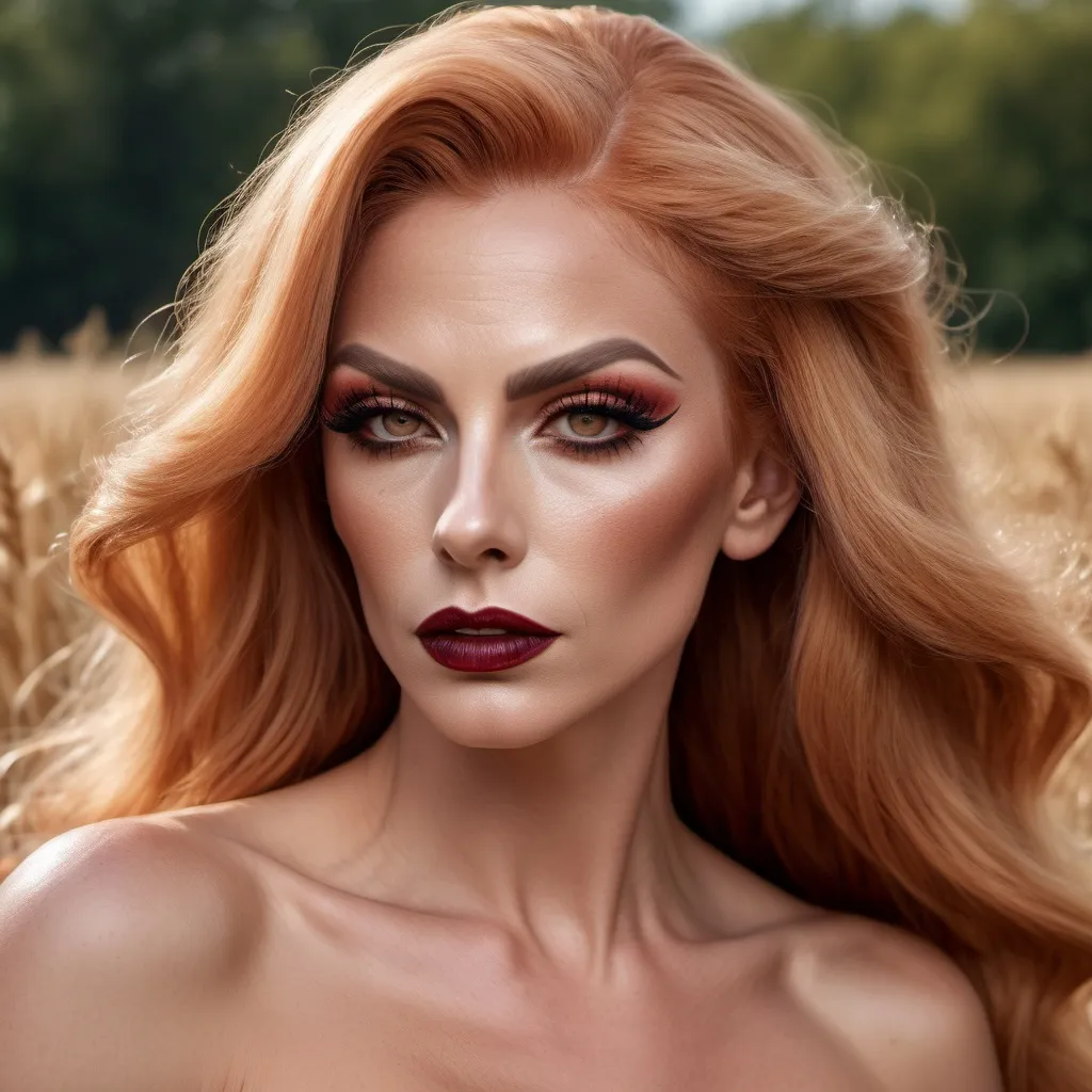 Prompt: HD 4k 3D 8k professional modeling photo hyper realistic gorgeous ultra-muscular 35-year-old French drag queen ethereal goddess of grain (strong masculine jawline and brow), agriculture, harvest, growth, and nourishment, very long strawberry-blonde hair (((blowing in the wind))), brown eyes, dark eyeshadow, heavy mascara, dark red lipstick, gorgeous face tan skin yellow shimmering dress full body surrounded by magical glowing sunlight hd landscape background of enchanting mystical wheatfield