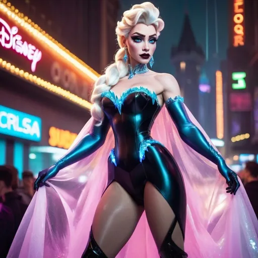 Prompt: Gorgeous muscular cyberpunk drag queen (Disney's) Elsa, great legs, crystal high heels,  dark lipstick.