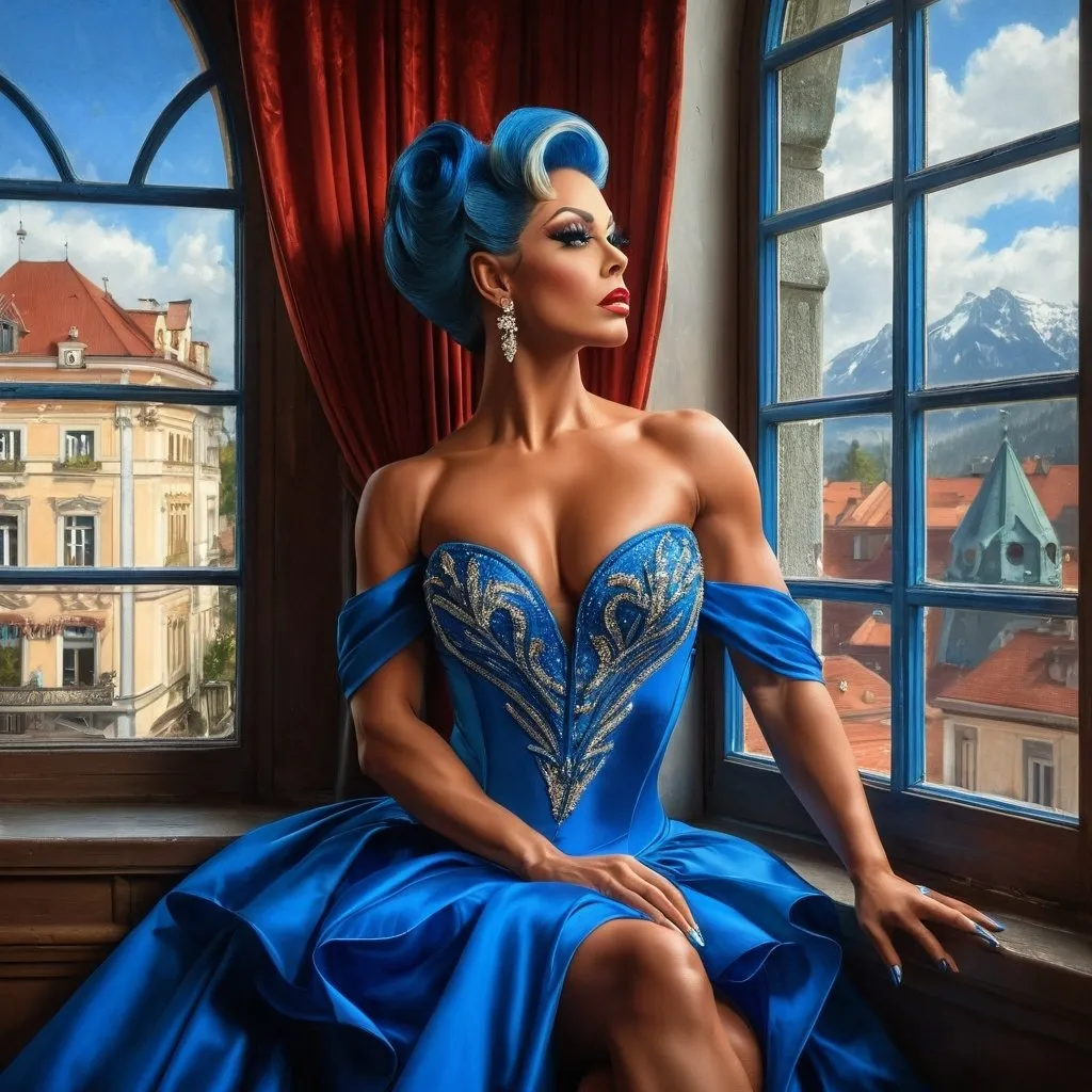 Prompt: Gorgeous ultra-muscular 25-year-old tanned Austrian drag queen bodybuilder with huge busom in a blue dress sitting on a window sill, beauty art nouveau woman, romanticism photograph, beautiful fantasy painting, elegant cinematic fantasy photography, very beautiful fantasy photography, beautiful fantasy photography, photoreal elegant, fantasy portrait, gorgeous digital photography, elegant lady, retro vintage and romanticism, ( ( konstantin razumov ) ), elegant drag queen, hyper-realistic 