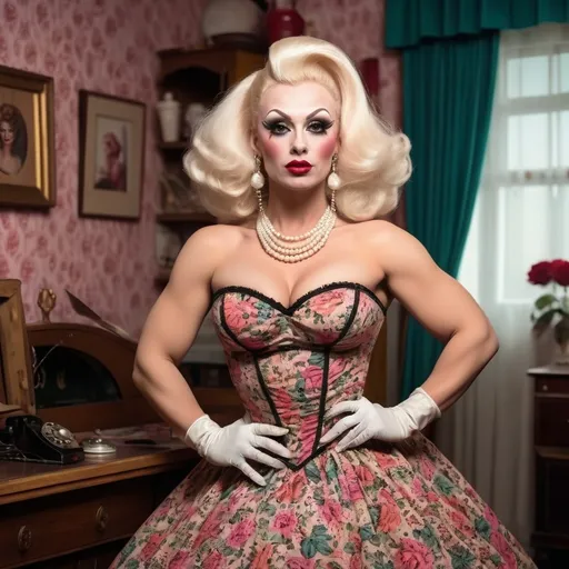 Prompt: Gorgeous ultra-muscular 25-year-old Polish drag queen with huge busom (wearing a vintage fashion), (1940s style), elegant outfits, fitted dresses, petticoats, bold patterns, retro accessories, stiletto heels, bold colors, soft shades, nostalgic atmosphere, warm lighting, high-quality, ultra-detailed, stylish urban setting, realistic poses, cheerful mood, classic hairstyles, cinematic masterpiece.