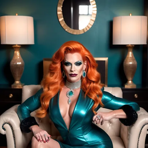 Prompt: Gorgeous muscular 35-year-old Dutch drag queen model, with very long wavy bright orange hair, dark eyeshadow,  dark lipstick, wearing a ((snug teal shimmering cocktail dress, bolero jacket, black stiletto mules)), ((diamond choker with ruby pendant)), curvy physique, sitting on beige leather sofa, cozy living room with white rug, high-res, photo, professional, detailed eyes, stylish, elegant, cozy setting, natural lighting, comely expression, perfect hands, high fashion, white & black room design, art deco style