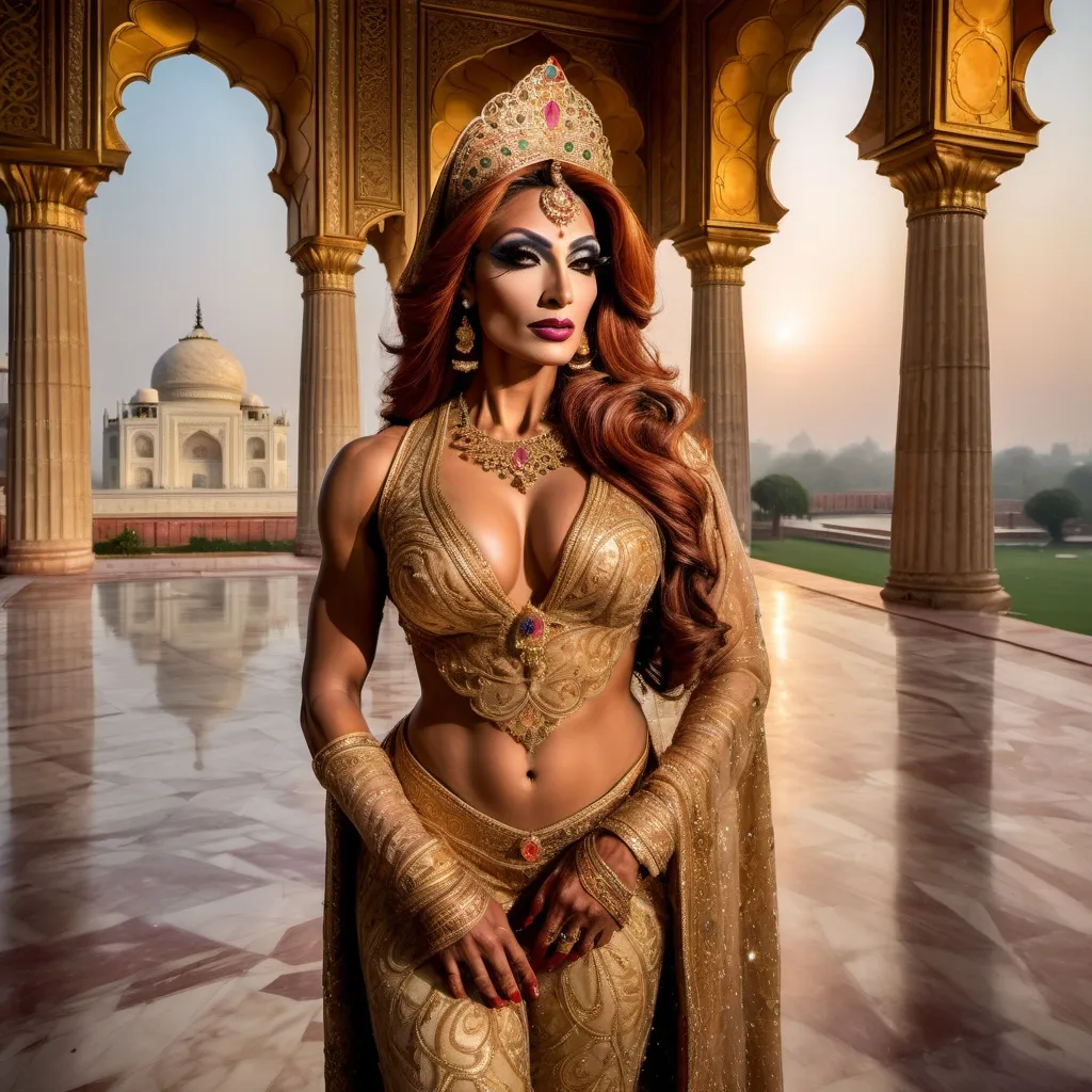 Prompt: A breathtakingly beautiful, muscular 35-year-old Pakistani drag queen bodybuilder princess from ancient times, standing gracefully in the majestic palace of the Taj Mahal. She wears an opulent, traditional Mughal-era royal outfit, intricately embroidered with gold and encrusted with precious gemstones. Her flowing silk dupatta shimmers under the soft moonlight, casting a mystical glow. Delicate henna patterns adorn her hands, and exquisite jewelry—bejewelled maang tikka, heavy gold necklaces, and shimmering bangles—enhance her regal elegance.

The palace is bathed in a dreamy, ethereal light, with the marble reflecting hues of silver, gold, and soft pastels. Floating flower petals drift through the air, carried by a gentle, unseen breeze. The atmosphere is infused with an enchanting, fairytale-like glow, as if the scene exists between dreams and reality. Wisps of golden mist swirl around her feet, and the sky above is illuminated by a crescent moon and twinkling stars. In the background, the silhouette of the Taj Mahal stands majestically, its domes glowing under the celestial light. The entire scene radiates an aura of romance, mystery, and divine elegance, as if touched by the gods themselves.